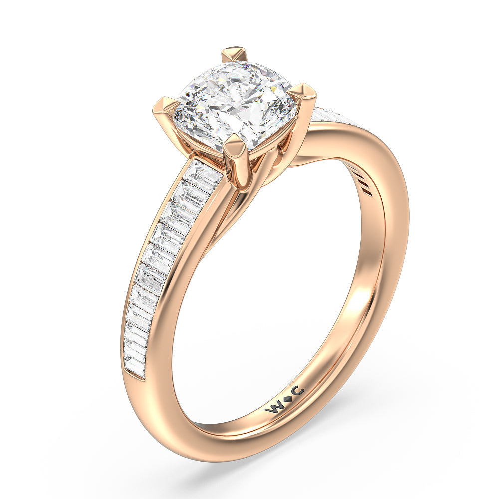 Elegant Channel Set Baguette Engagement Ring with Cushion Cut Diamond in 14KT Rose Gold view 3
