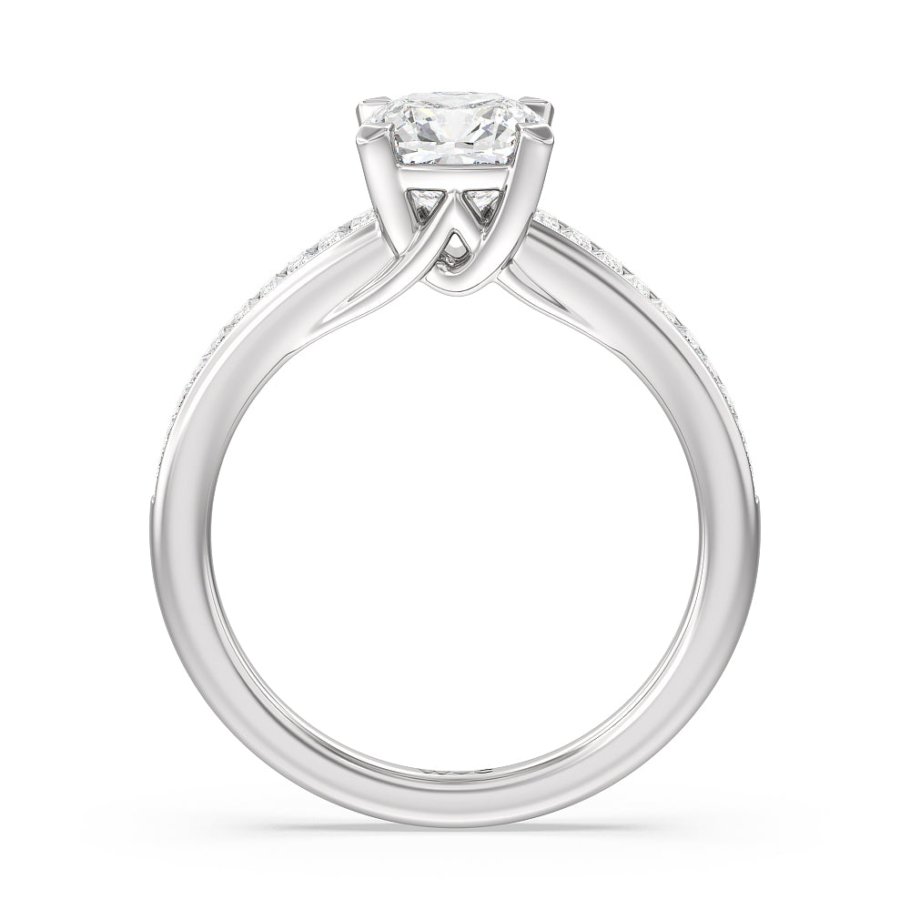 Elegant Channel Set Baguette Engagement Ring with Cushion Cut Diamond in 14KT Platinum view 2
