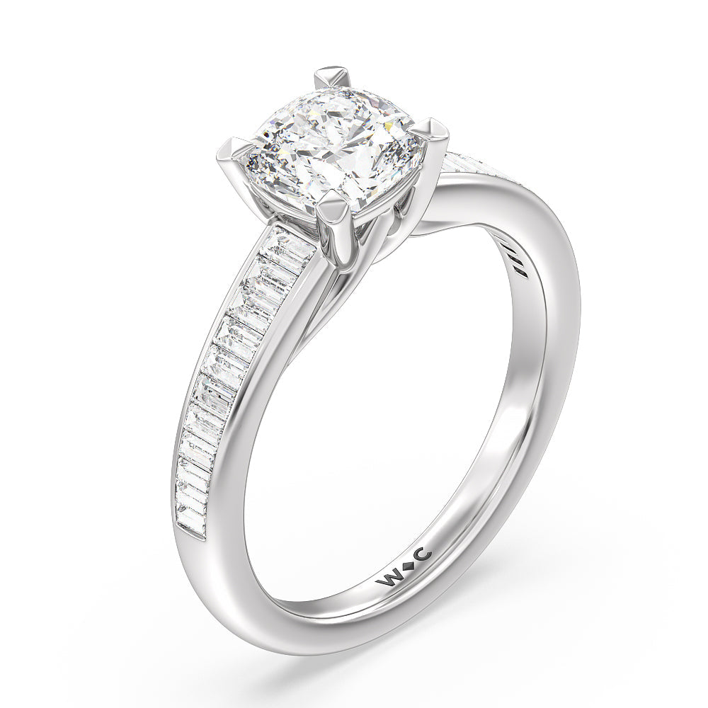 Elegant Channel Set Baguette Engagement Ring with Cushion Cut Diamond in 14KT Platinum view 3
