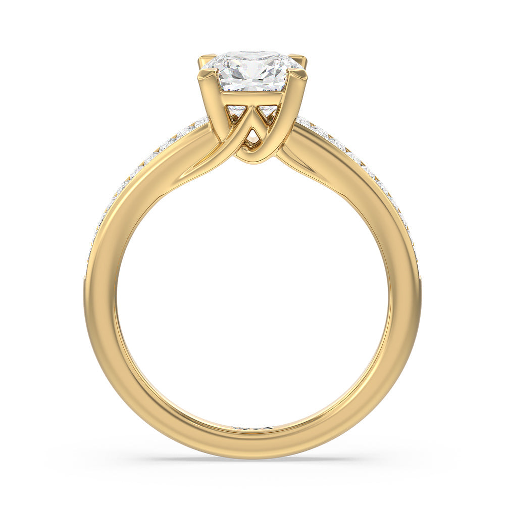 Elegant Channel Set Baguette Engagement Ring with Cushion Cut Diamond in 14KT Yellow Gold view 2
