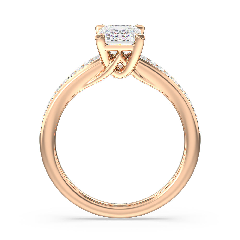 Elegant Channel Set Baguette Engagement Ring with Emerald Cut Diamond in 14KT Rose Gold view 2
