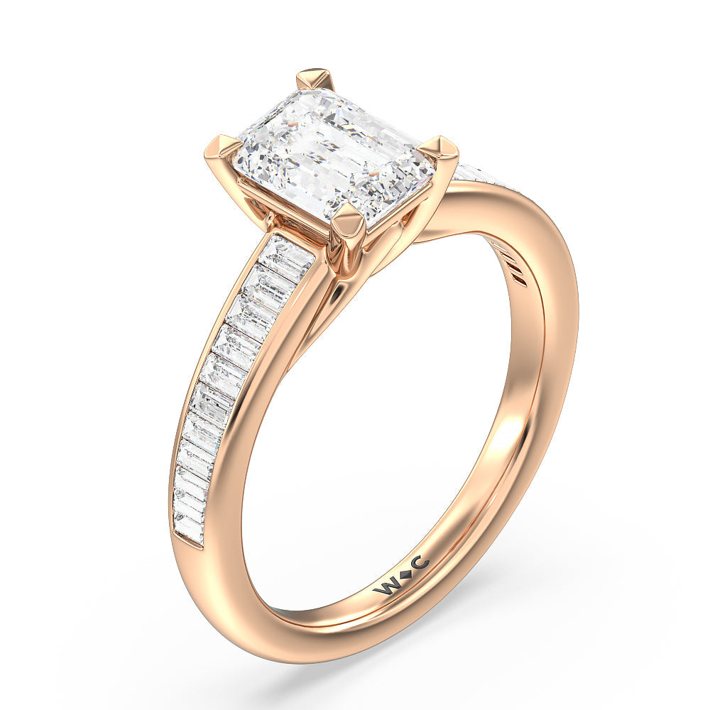 Elegant Channel Set Baguette Engagement Ring with Emerald Cut Diamond in 14KT Rose Gold view 3
