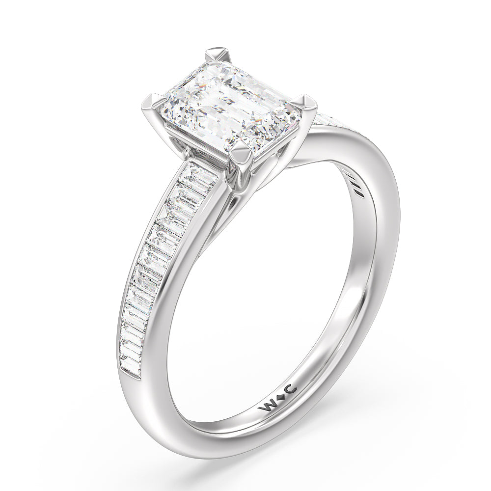 Elegant Channel Set Baguette Engagement Ring with Emerald Cut Diamond in 14KT Platinum view 3
