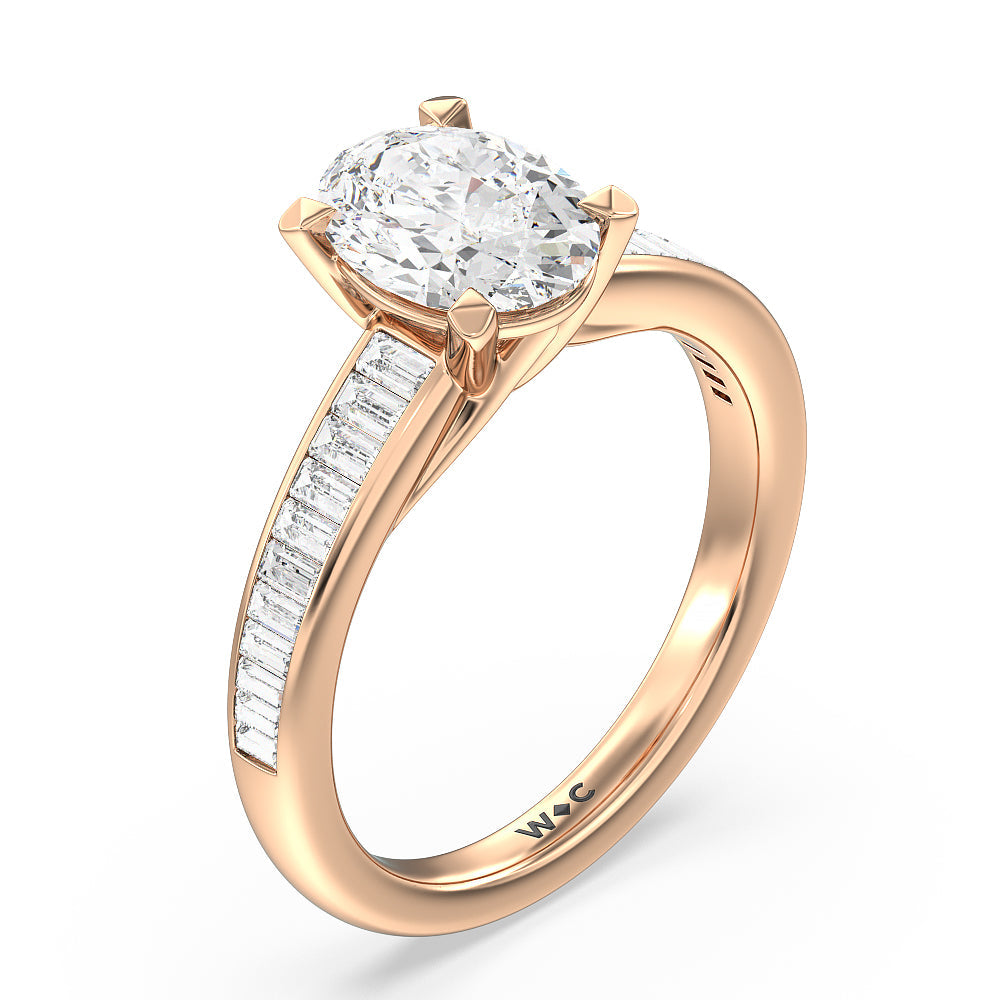 Elegant Channel Set Baguette Engagement Ring with Oval Cut Diamond in 14KT Rose Gold view 3
