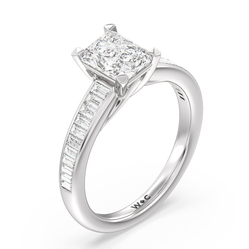 Elegant Channel Set Baguette Engagement Ring with Radiant Cut Diamond in 14KT Platinum view 3
