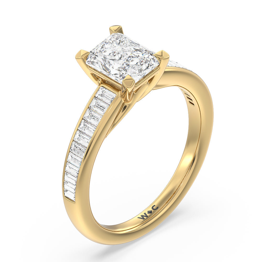 Elegant Channel Set Baguette Engagement Ring with Radiant Cut Diamond in 14KT Yellow Gold view 3

