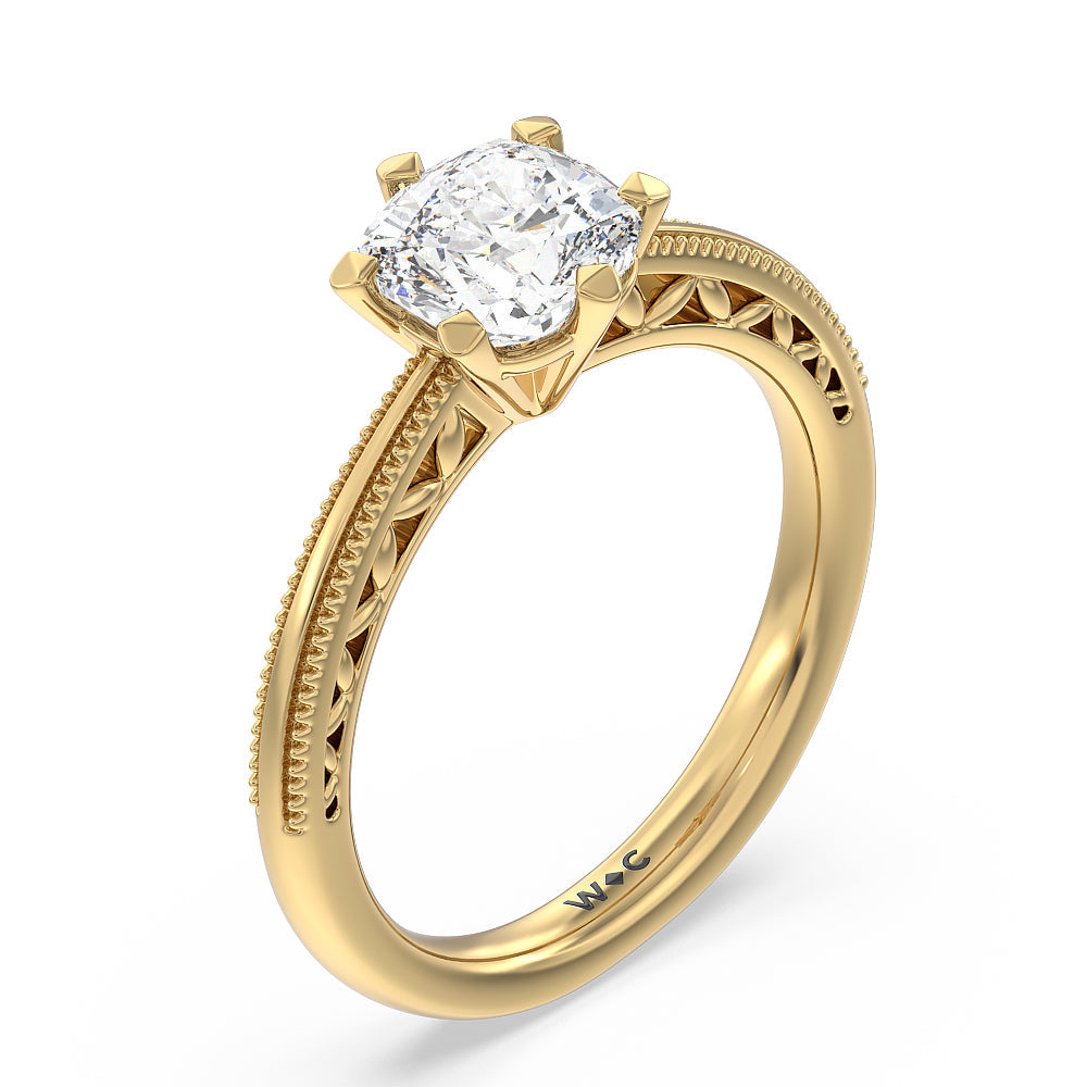 Milgrain Filigree Solitaire Engagement Ring with Cushion Cut Diamond in 14KT Yellow Gold view 3
