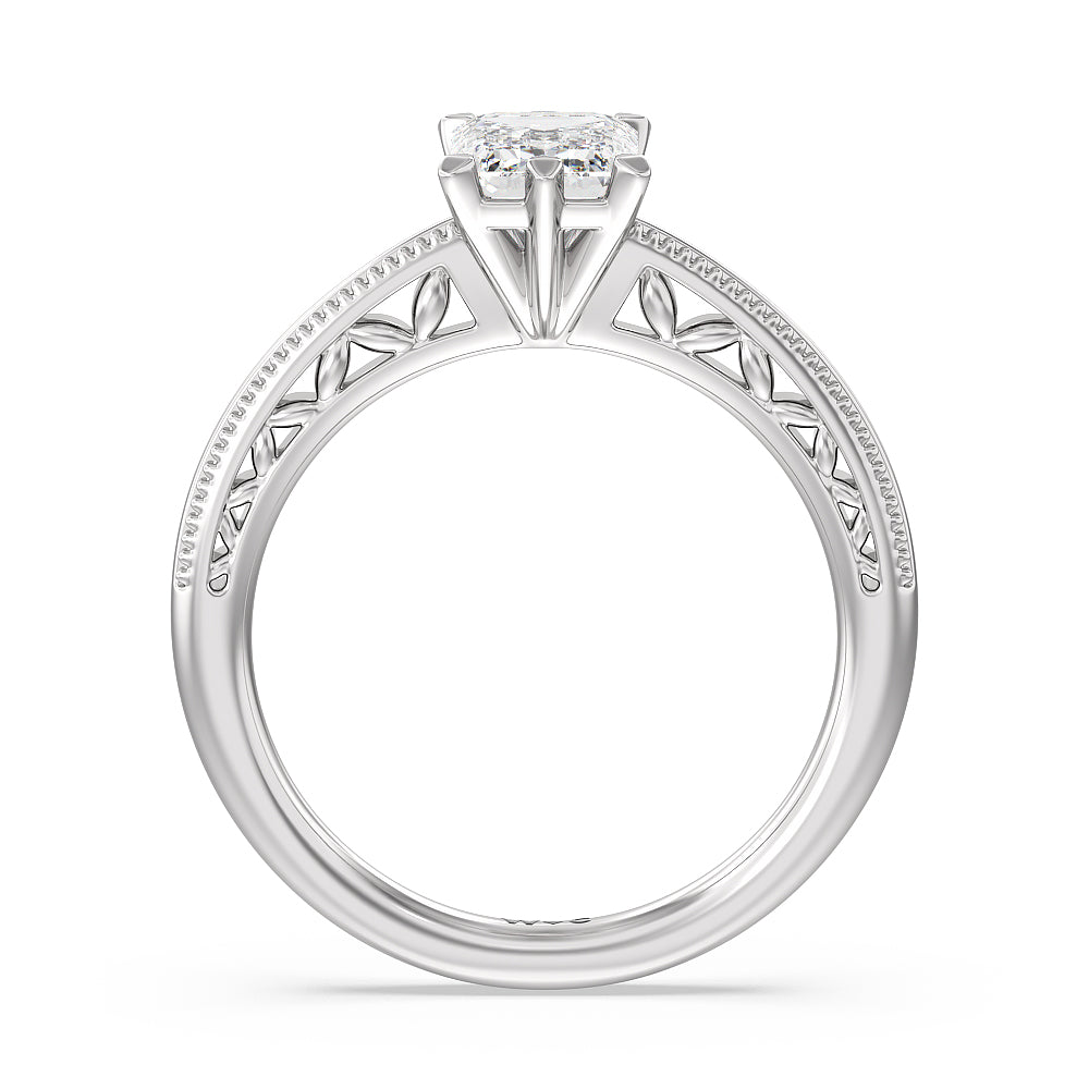 Milgrain Filigree Solitaire Engagement Ring with Emerald Cut Diamond in 14KT Platinum view 2
