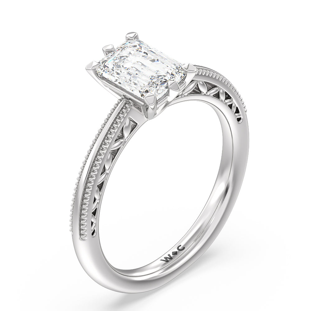 Milgrain Filigree Solitaire Engagement Ring with Emerald Cut Diamond in 14KT Platinum view 3

