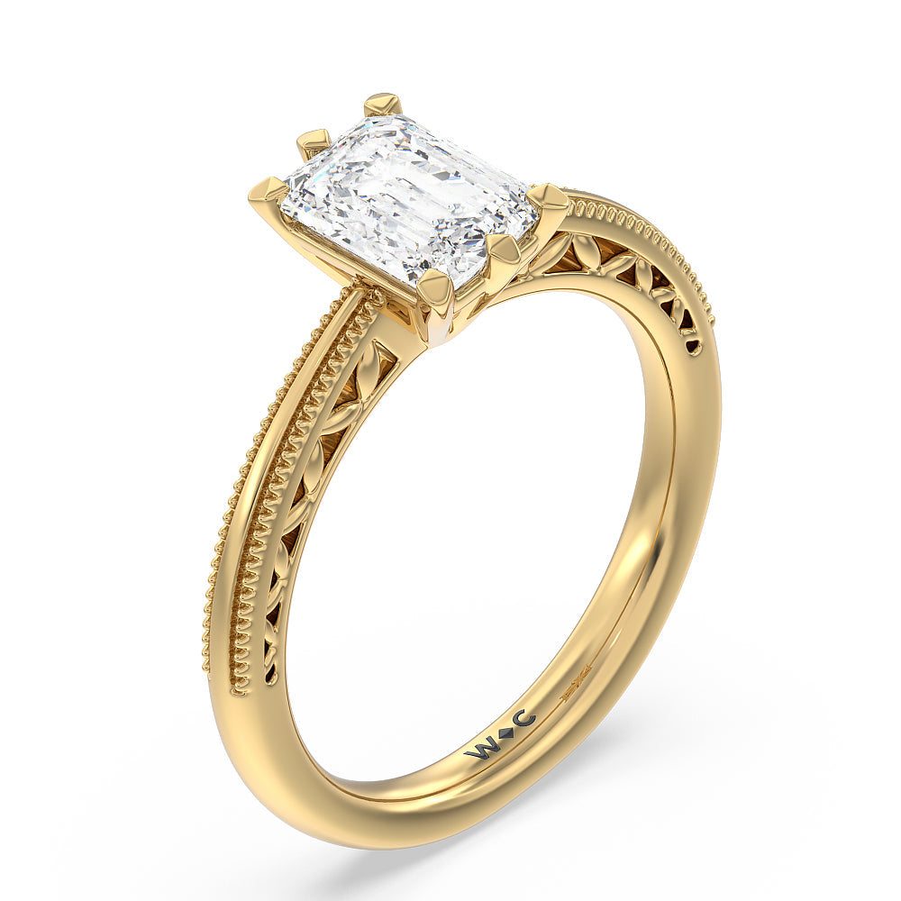 Milgrain Filigree Solitaire Engagement Ring with Emerald Cut Diamond in 14KT Yellow Gold view 3
