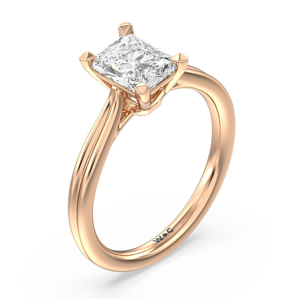 Grooved Taper Cathedral Solitaire Engagement Ring with Radiant Cut Diamond in 14KT Rose Gold view 3
