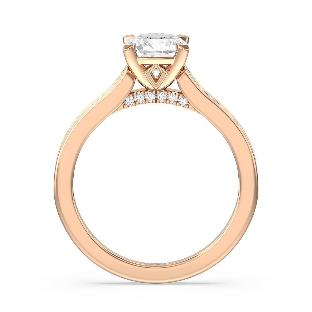 Channel Set Kite Basket Cathedral Engagement Ring with Cushion Cut Diamond in 14KT Rose Gold view 2
