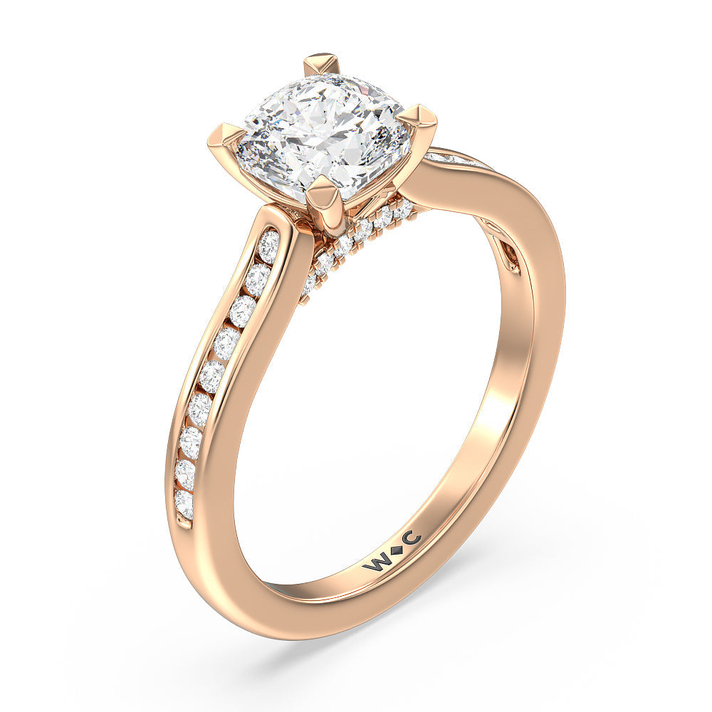 Channel Set Kite Basket Cathedral Engagement Ring with Cushion Cut Diamond in 14KT Rose Gold view 3
