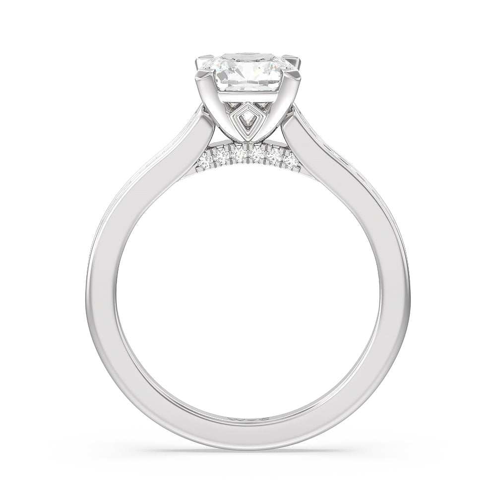 Channel Set Kite Basket Cathedral Engagement Ring with Cushion Cut Diamond in 14KT Platinum view 2
