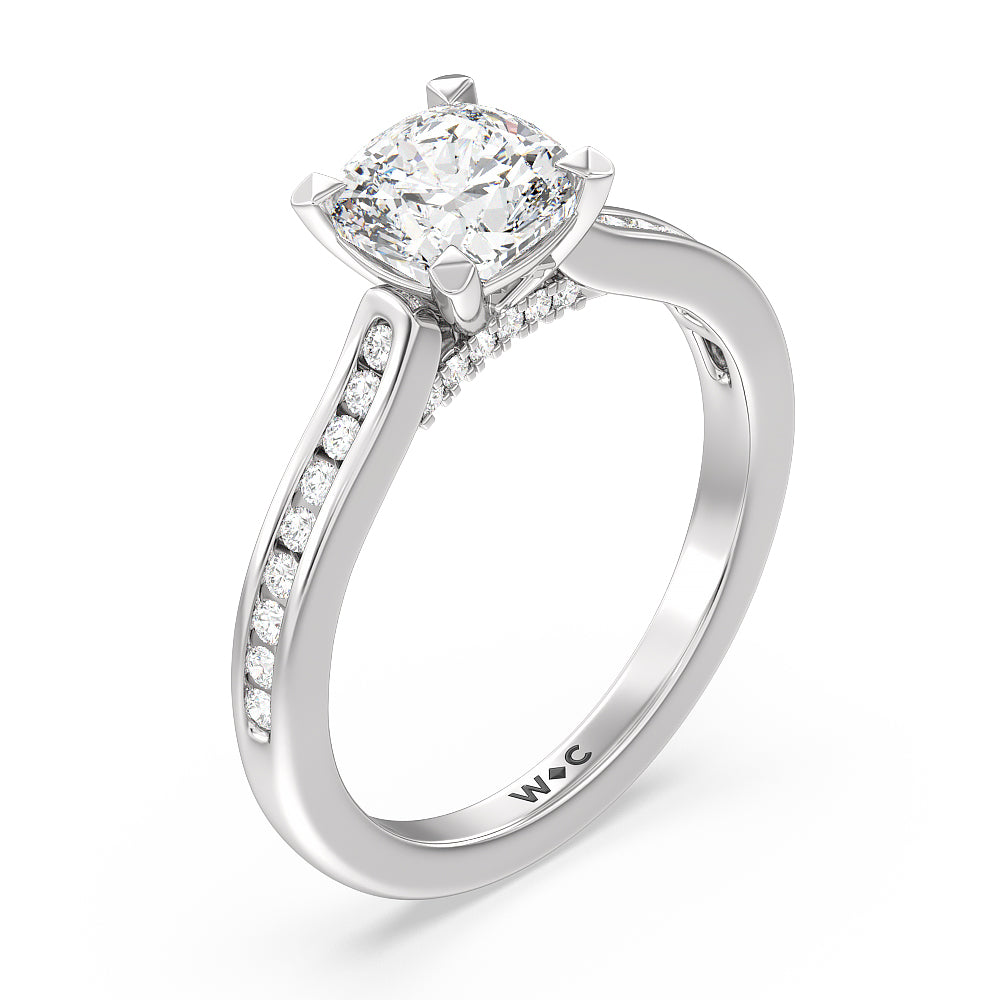 Channel Set Kite Basket Cathedral Engagement Ring with Cushion Cut Diamond in 14KT Platinum view 3
