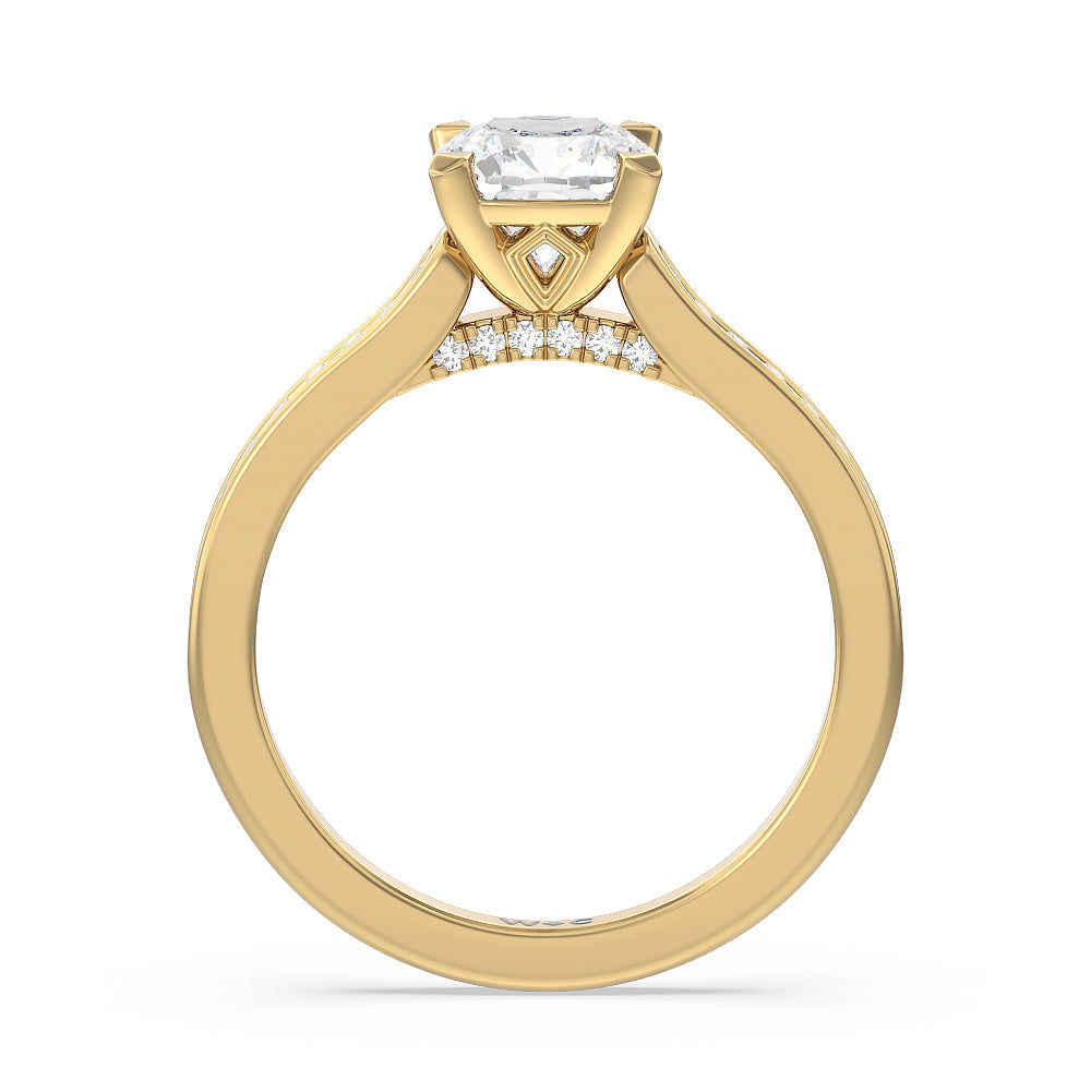 Channel Set Kite Basket Cathedral Engagement Ring with Cushion Cut Diamond in 14KT Yellow Gold view 2
