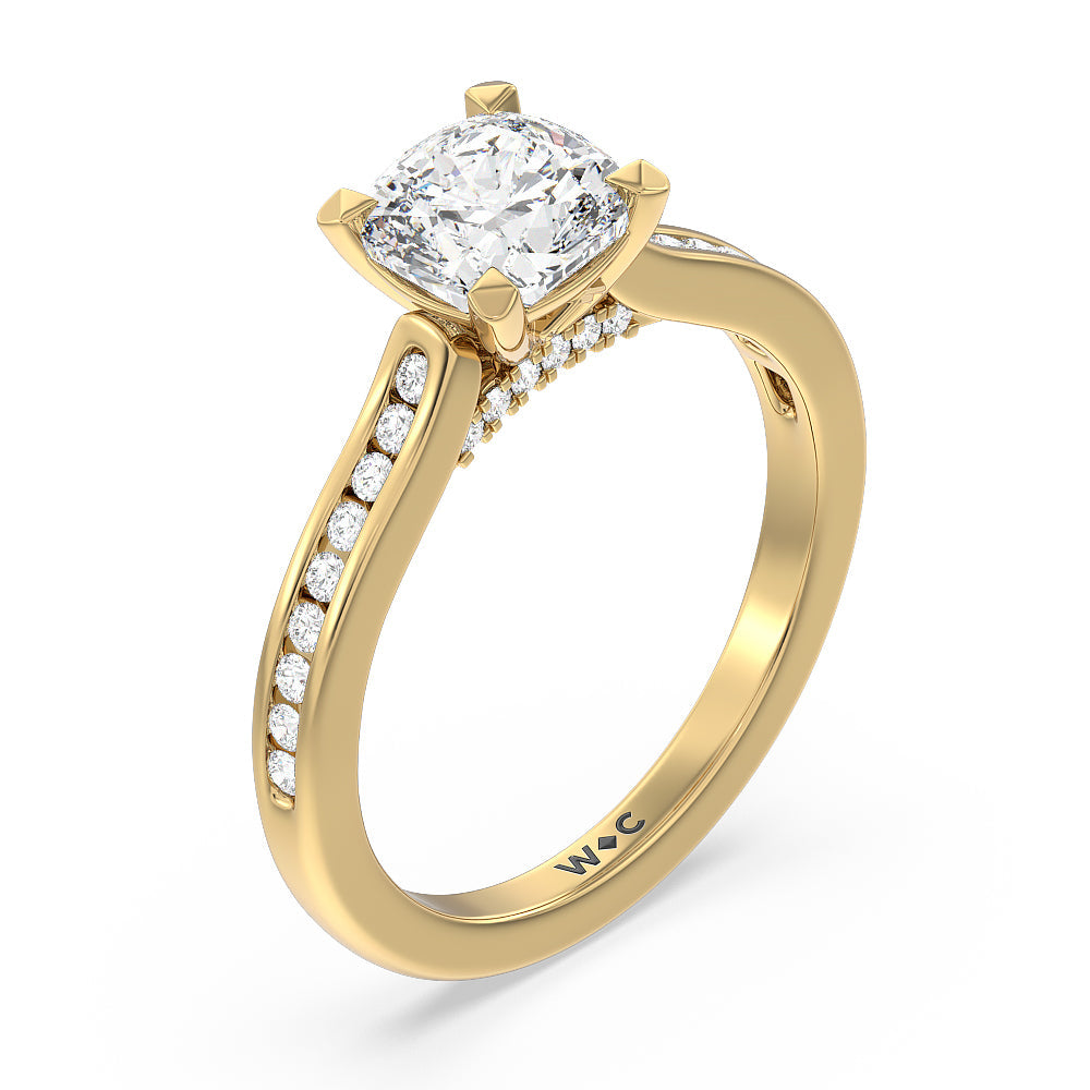Channel Set Kite Basket Cathedral Engagement Ring with Cushion Cut Diamond in 14KT Yellow Gold view 3
