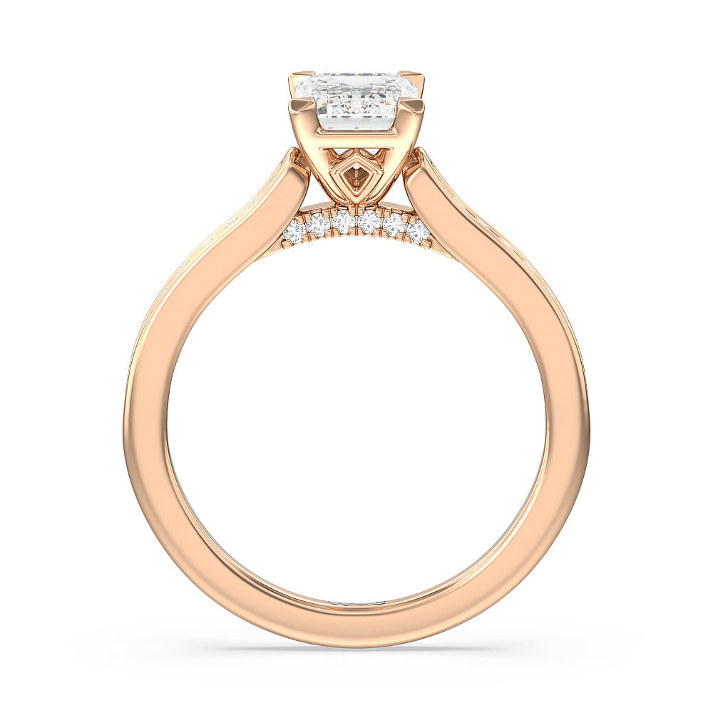 Channel Set Kite Basket Cathedral Engagement Ring with Emerald Cut Diamond in 14KT Rose Gold view 2
