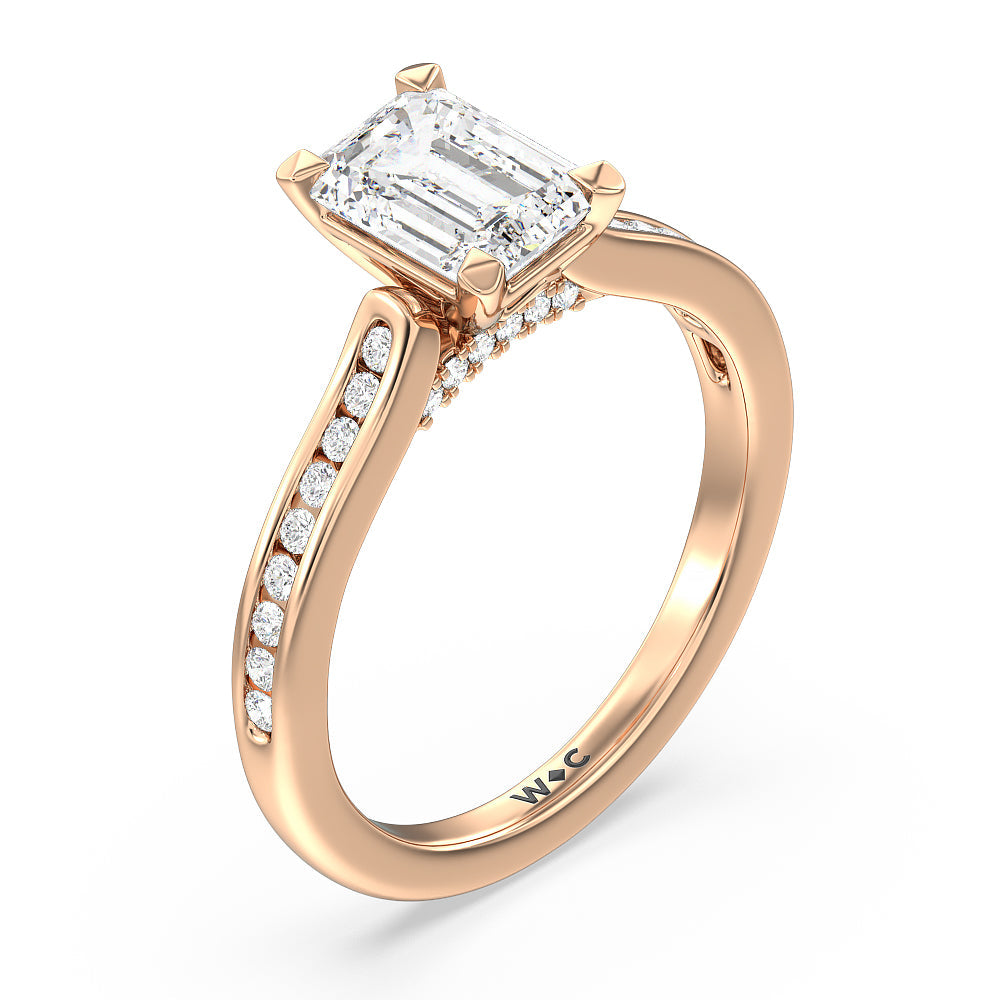 Channel Set Kite Basket Cathedral Engagement Ring with Emerald Cut Diamond in 14KT Rose Gold view 3
