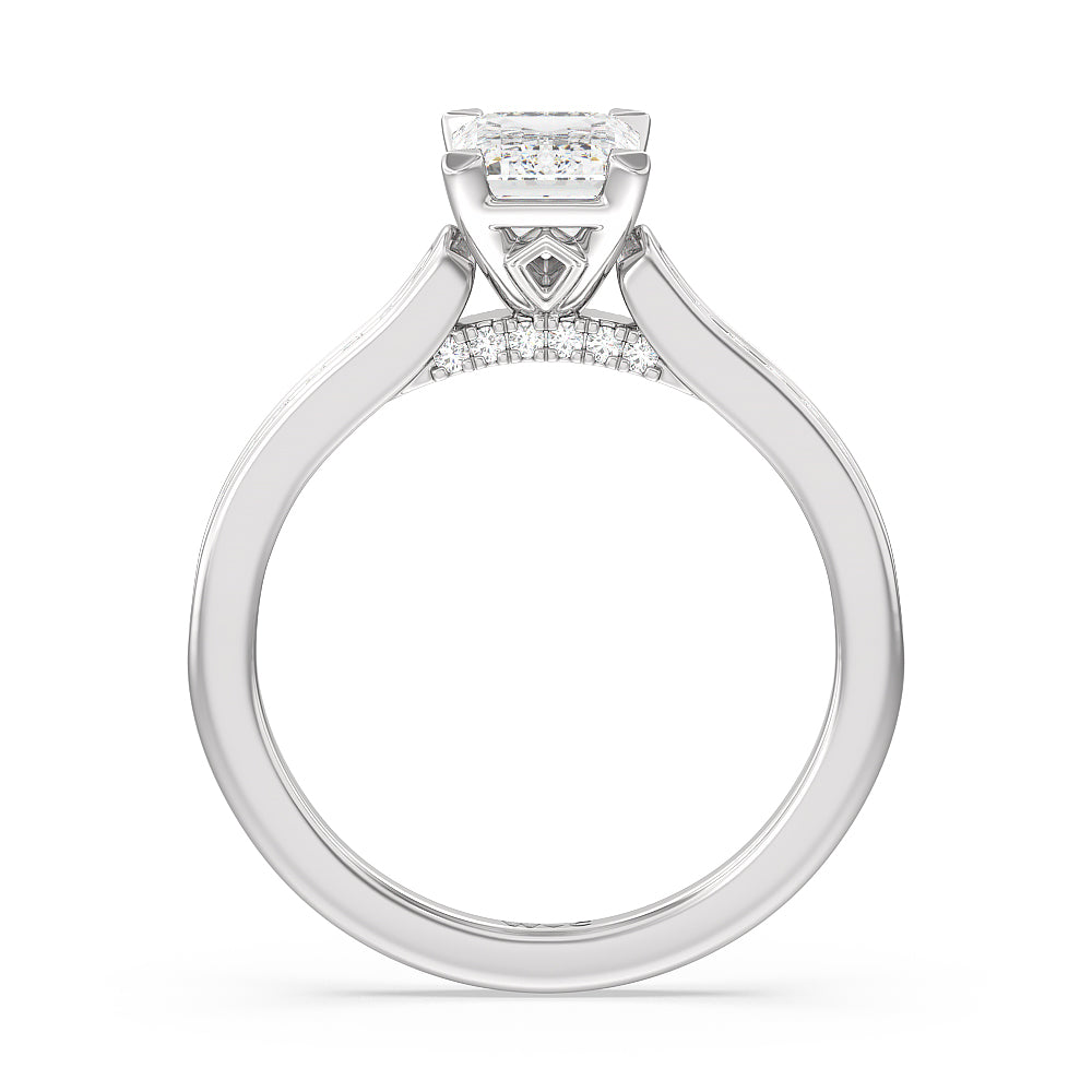 Channel Set Kite Basket Cathedral Engagement Ring with Emerald Cut Diamond in 14KT Platinum view 2
