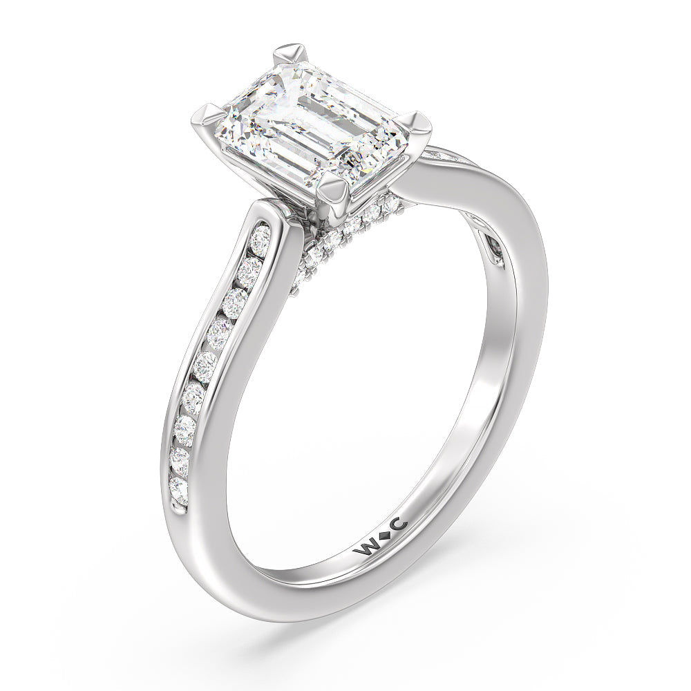 Channel Set Kite Basket Cathedral Engagement Ring with Emerald Cut Diamond in 14KT Platinum view 3
