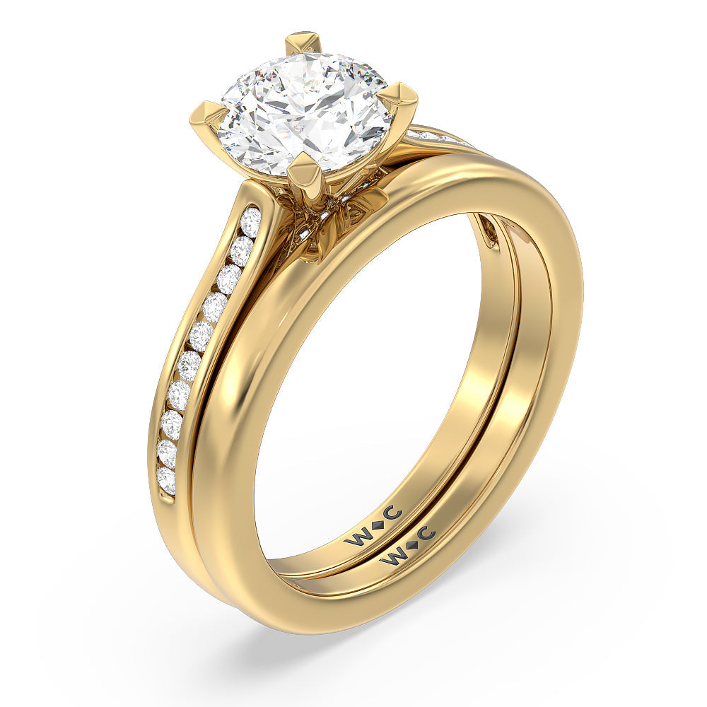 Channel Set Kite Basket Cathedral Engagement Ring with Emerald Cut Diamond in 14KT Yellow Gold view 4
