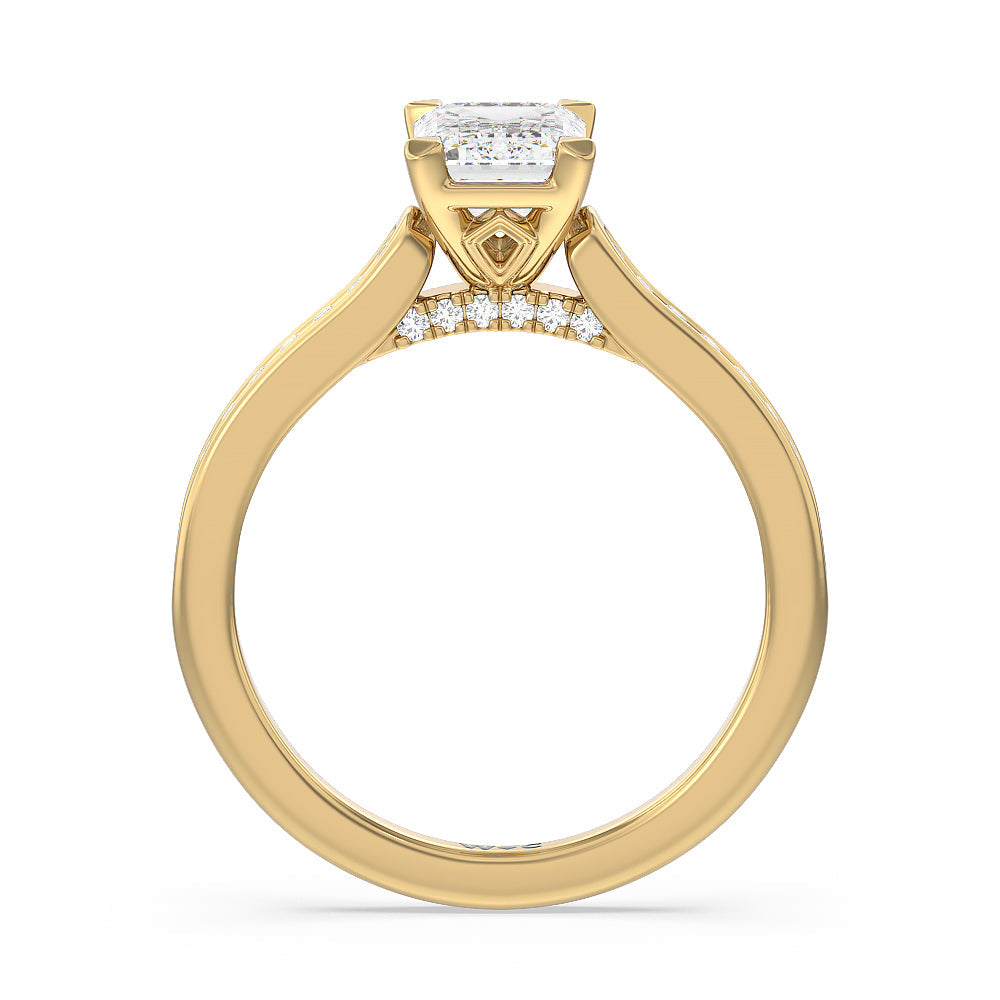 Channel Set Kite Basket Cathedral Engagement Ring with Emerald Cut Diamond in 14KT Yellow Gold view 2
