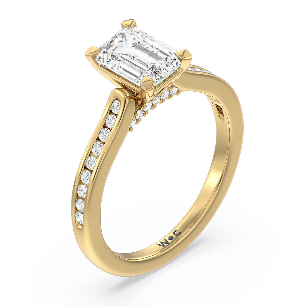 Channel Set Kite Basket Cathedral Engagement Ring with Emerald Cut Diamond in 14KT Yellow Gold view 3
