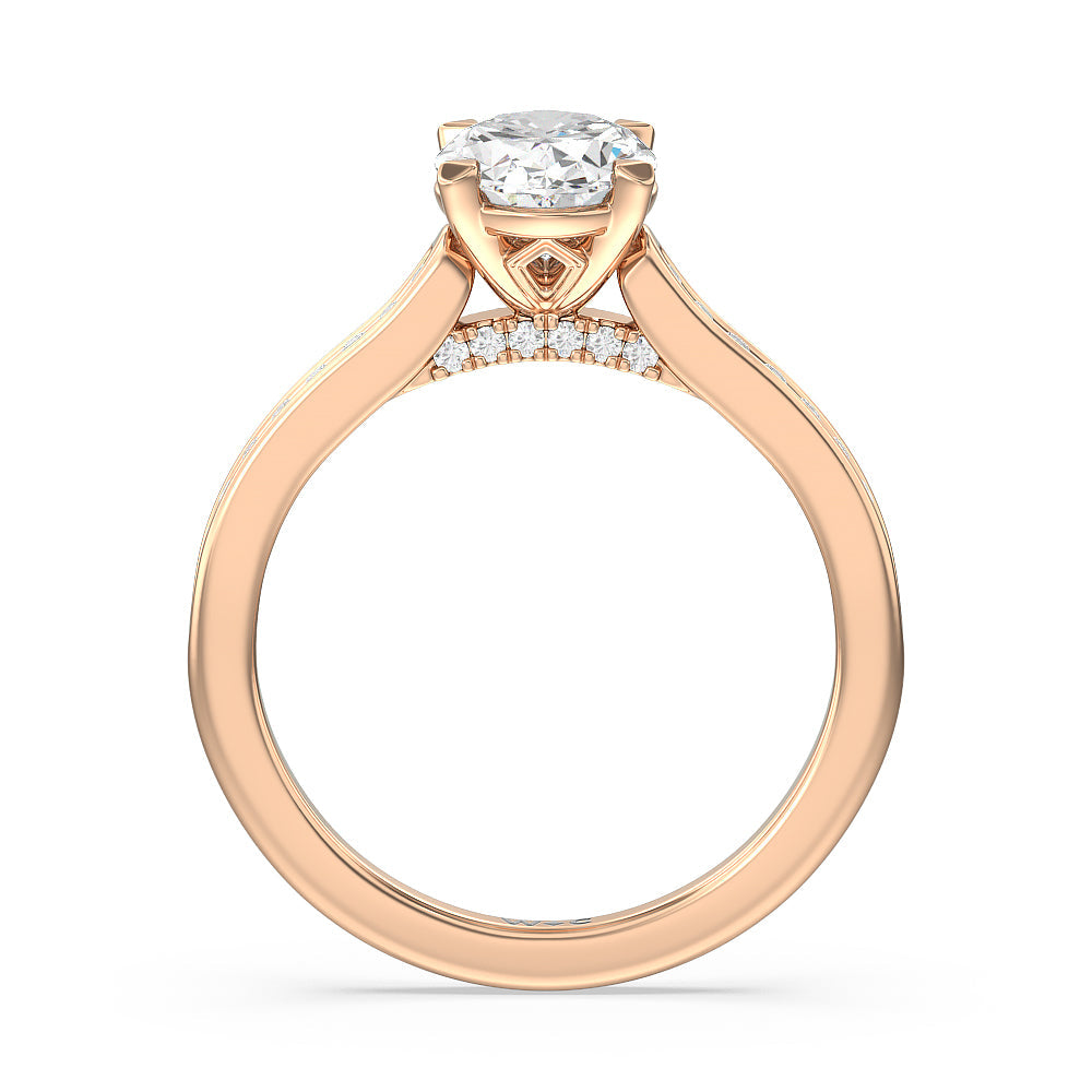 Channel Set Kite Basket Cathedral Engagement Ring with Oval Cut Diamond in 14KT Rose Gold view 2
