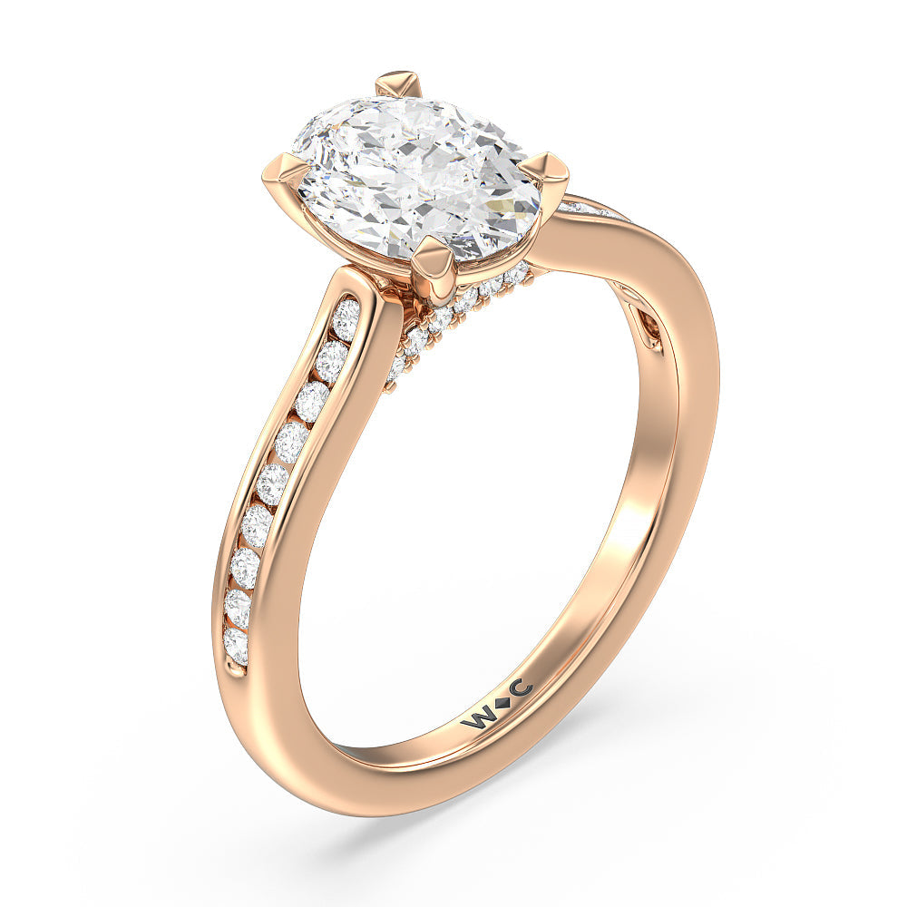 Channel Set Kite Basket Cathedral Engagement Ring with Oval Cut Diamond in 14KT Rose Gold view 3
