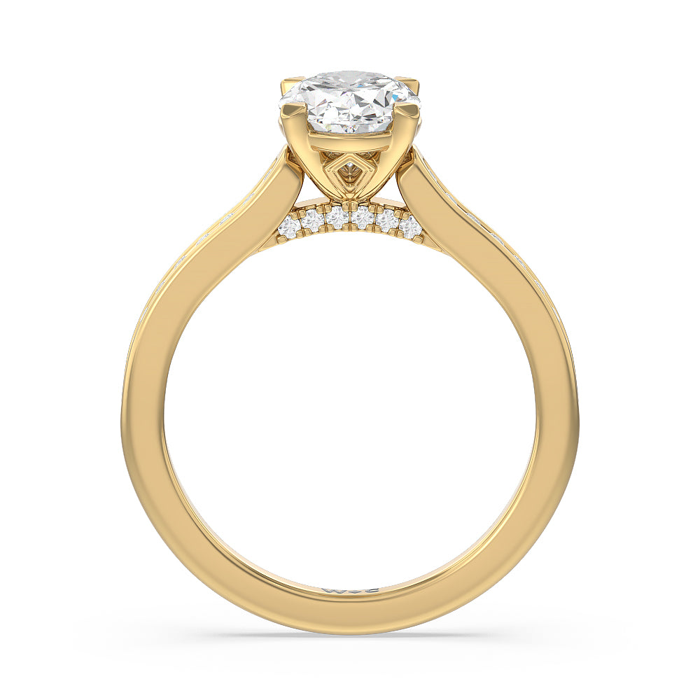 Channel Set Kite Basket Cathedral Engagement Ring with Oval Cut Diamond in 14KT Yellow Gold view 2
