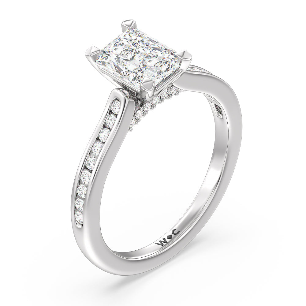 Channel Set Kite Basket Cathedral Engagement Ring with Radiant Cut Diamond in 14KT Platinum view 3
