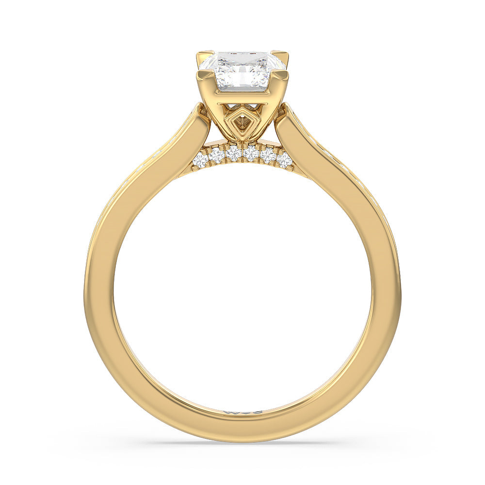 Channel Set Kite Basket Cathedral Engagement Ring with Radiant Cut Diamond in 14KT Yellow Gold view 2
