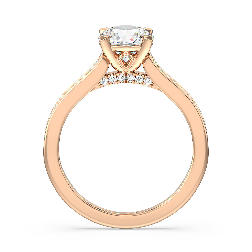 Channel Set Kite Basket Cathedral Engagement Ring with Round Cut Diamond in 14KT Rose Gold view 2
