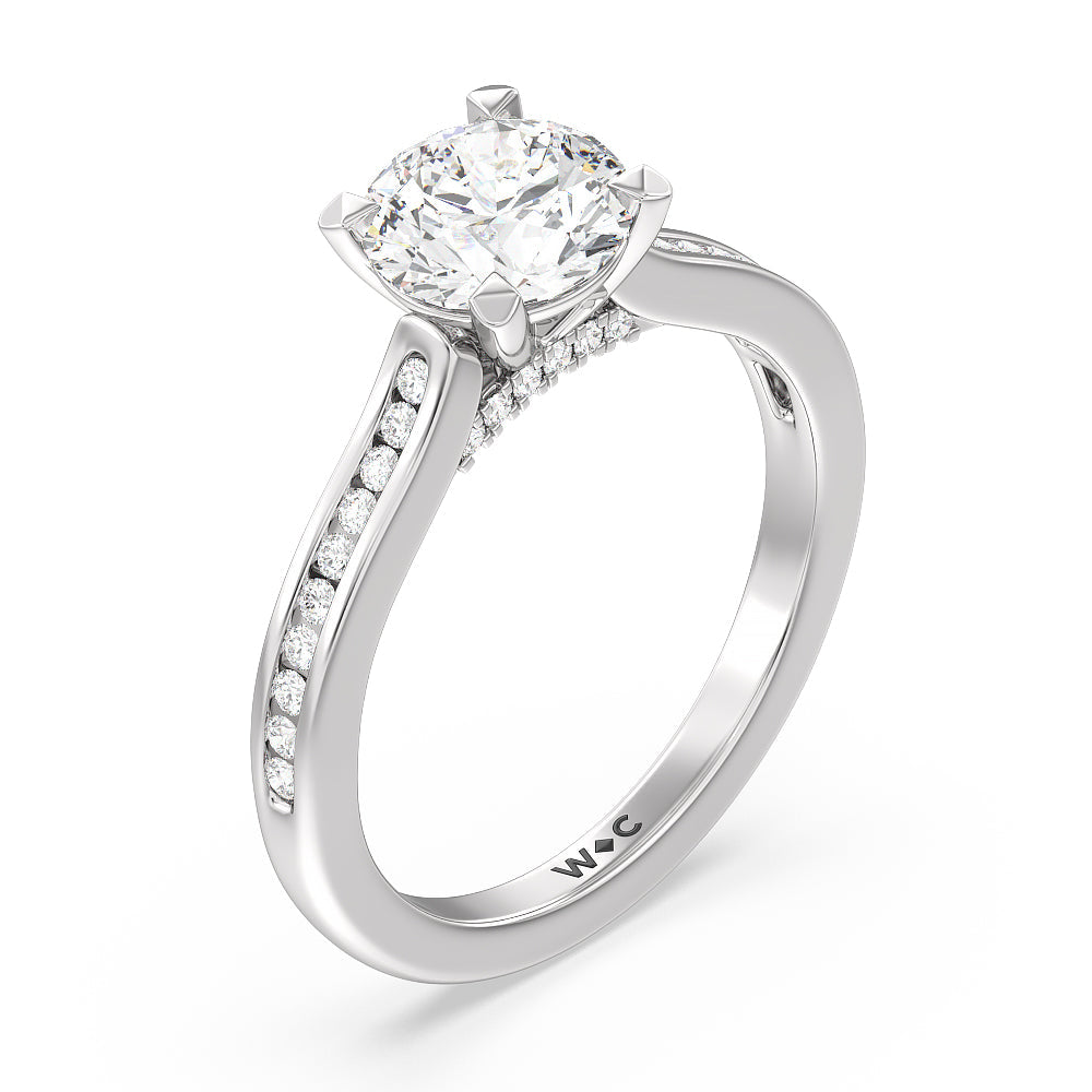Channel Set Kite Basket Cathedral Engagement Ring with Round Cut Diamond in 14KT Platinum view 3
