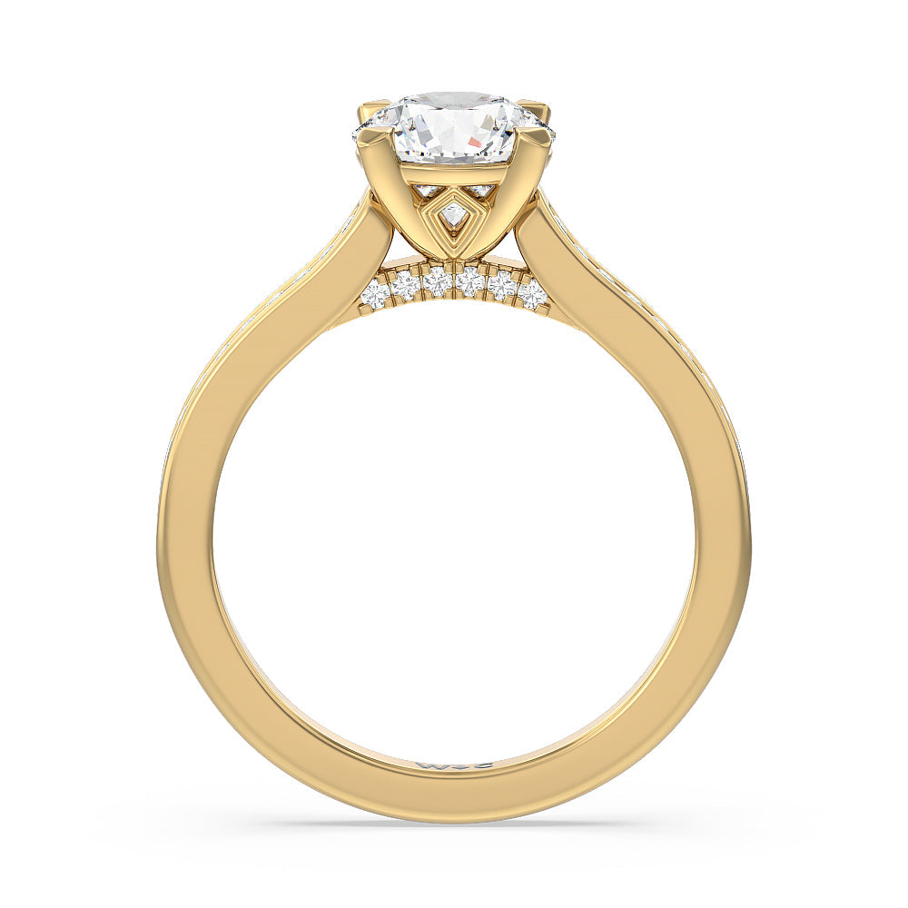 Channel Set Kite Basket Cathedral Engagement Ring with Round Cut Diamond in 14KT Yellow Gold view 2
