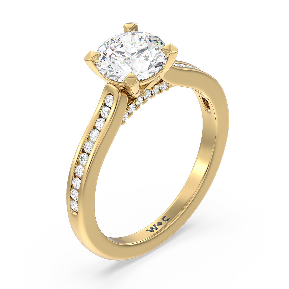 Channel Set Kite Basket Cathedral Engagement Ring with Round Cut Diamond in 14KT Yellow Gold view 3
