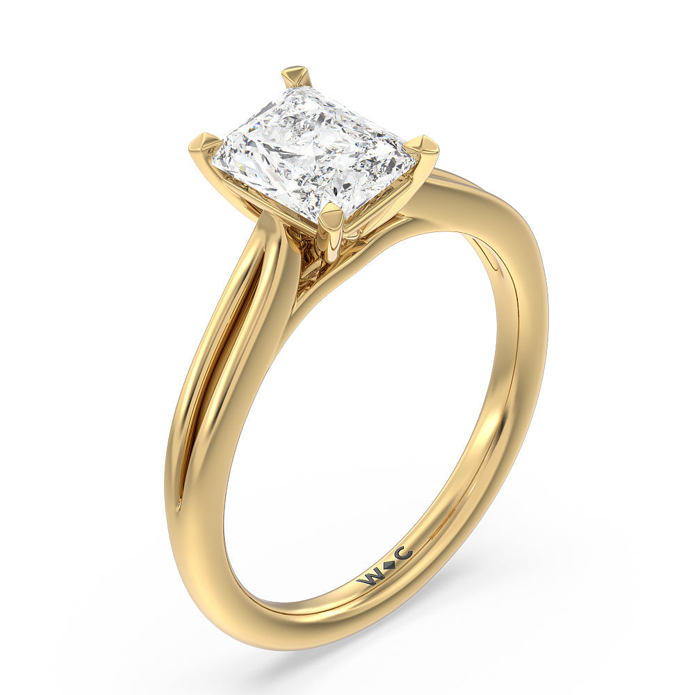 Radiant Cut Delicate Pinched Cathedral Solitaire Engagement Ring with Lab Grown Diamond in 14KT Yellow Gold view 3
