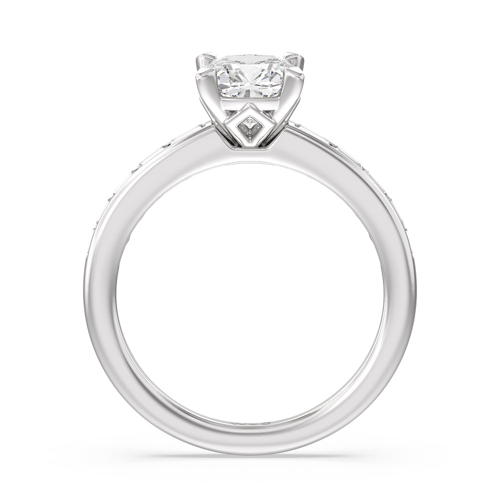 Channel Set Kite Basket Engagement Ring with Cushion Cut Diamond in 14KT Platinum view 2
