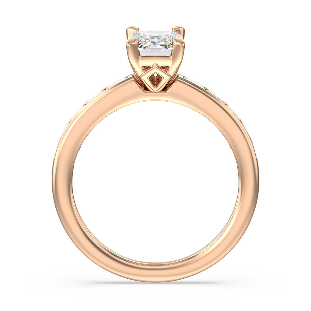 Channel Set Kite Basket Engagement Ring with Emerald Cut Diamond in 14KT Rose Gold view 2
