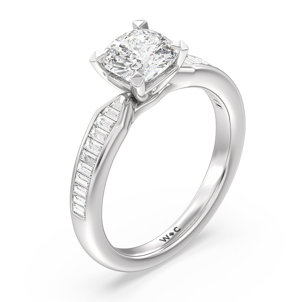 Cushion Cut Channel Baguette Deco Engagement Ring with Lab Grown Diamond in 14KT Platinum view 3
