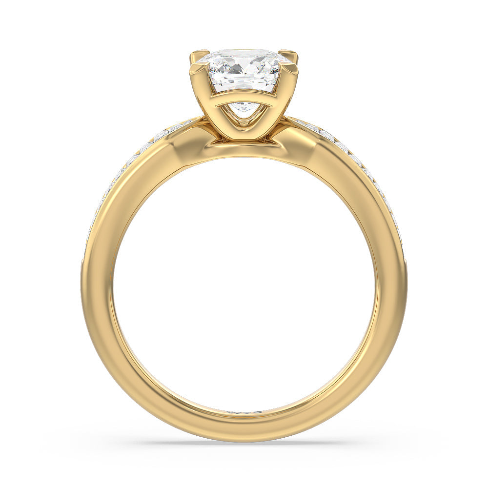 Cushion Cut Channel Baguette Deco Engagement Ring with Lab Grown Diamond in 14KT Yellow Gold view 2

