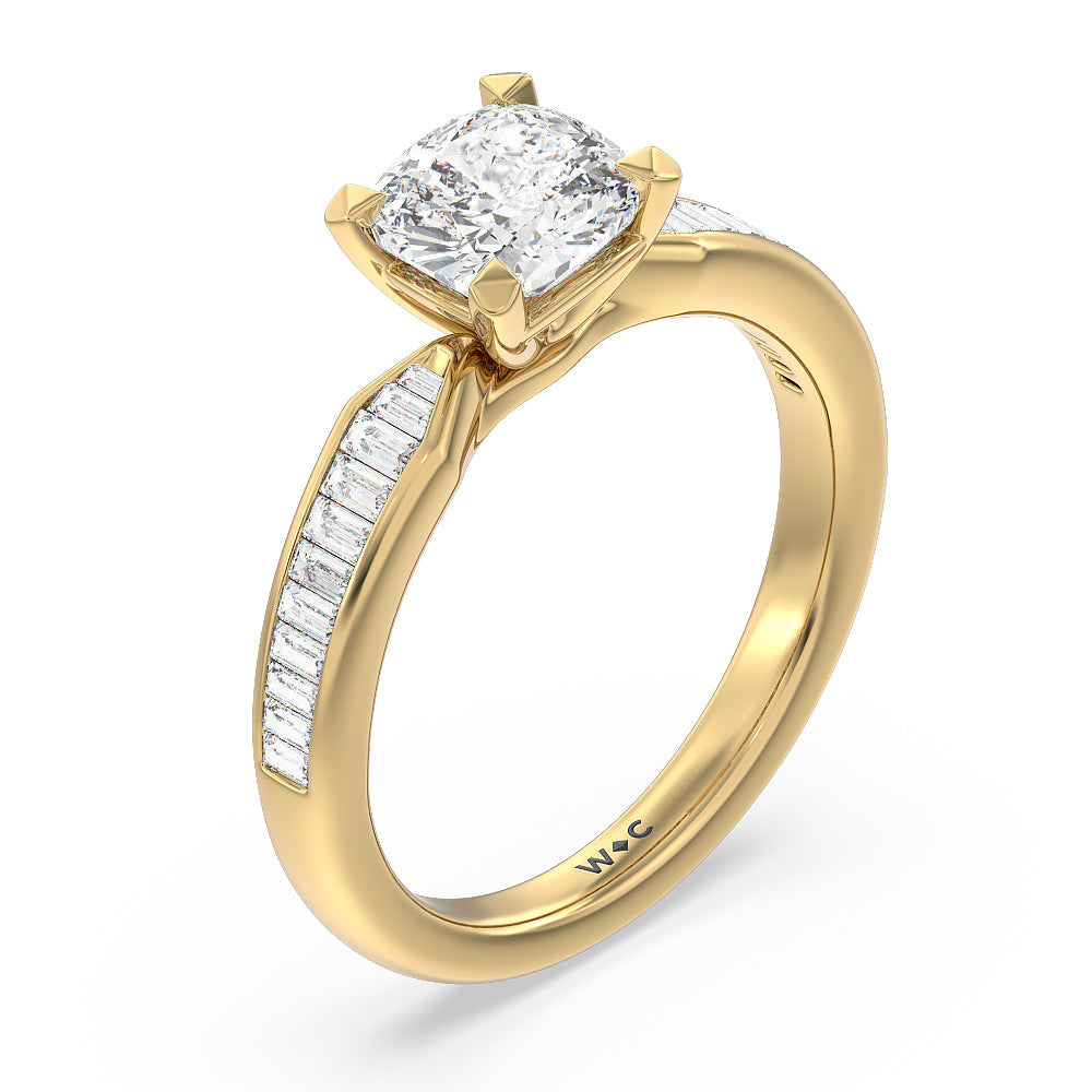 Cushion Cut Channel Baguette Deco Engagement Ring with Lab Grown Diamond in 14KT Yellow Gold view 3
