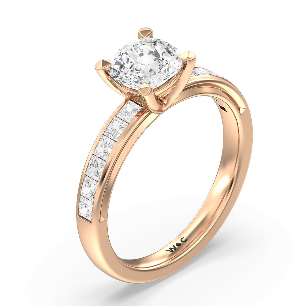 Channel Set Princess Classic Engagement Ring with Cushion Cut Diamond in 14KT Rose Gold view 3
