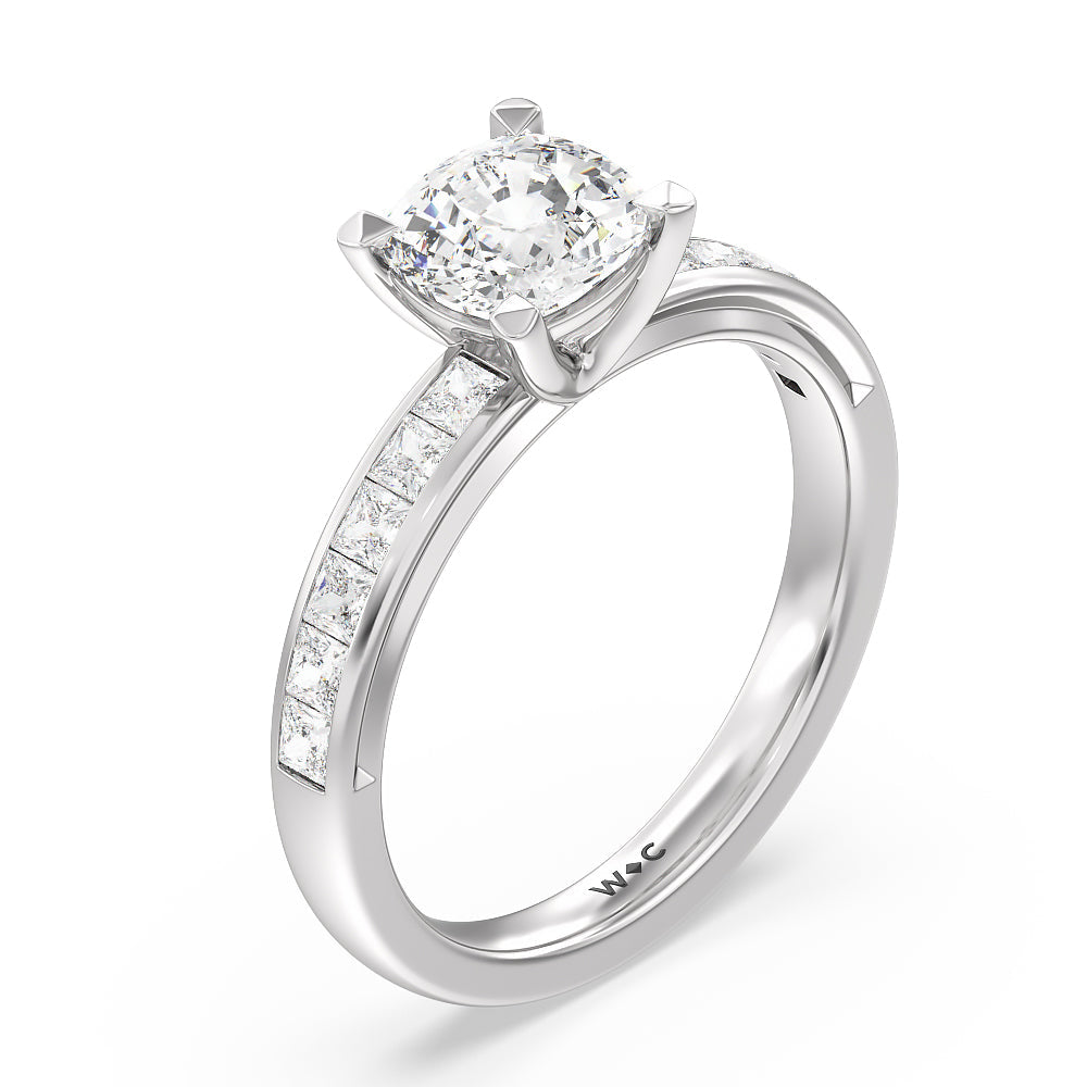 Channel Set Princess Classic Engagement Ring with Cushion Cut Diamond in 14KT Platinum view 3
