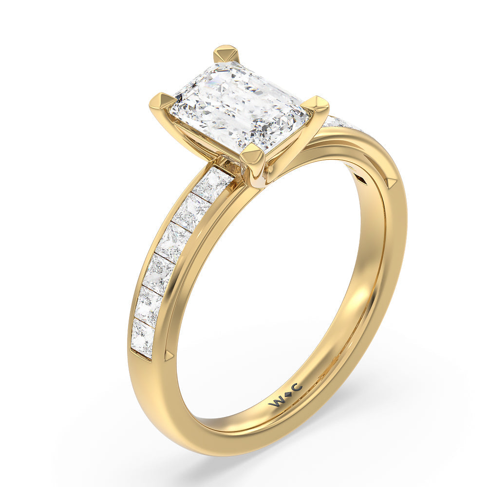 Channel Set Princess Classic Engagement Ring with Emerald Cut Diamond in 14KT Yellow Gold view 3
