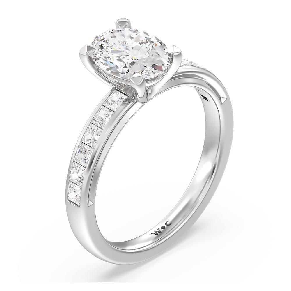 Channel Set Princess Classic Engagement Ring with Oval Cut Diamond in 14KT Platinum view 3

