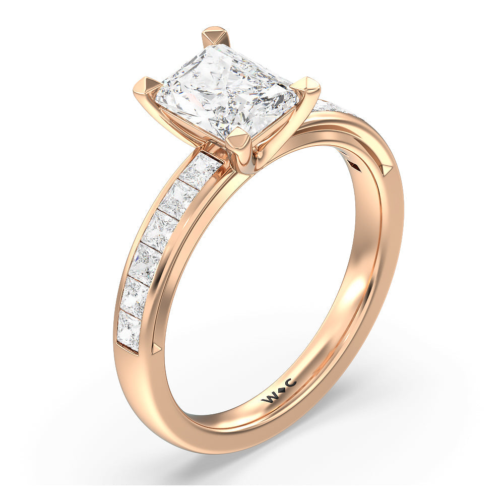Channel Set Princess Classic Engagement Ring with Radiant Cut Diamond in 14KT Rose Gold view 3
