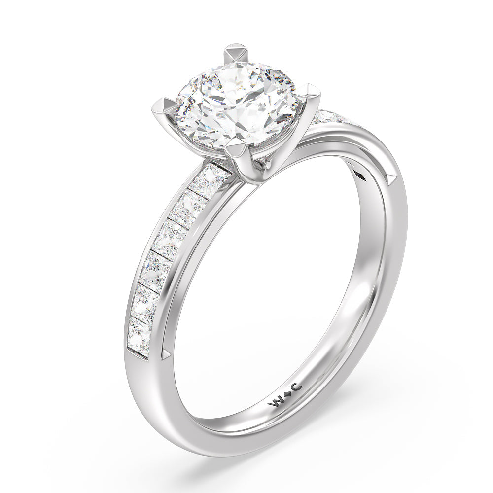 Channel Set Princess Classic Engagement Ring with Round Cut Diamond in 14KT Platinum view 3
