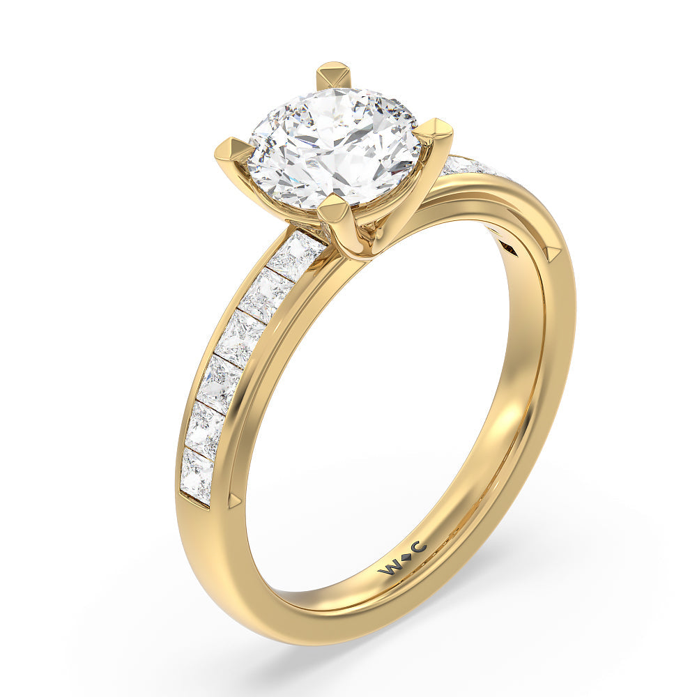 Channel Set Princess Classic Engagement Ring with Round Cut Diamond in 14KT Yellow Gold view 3
